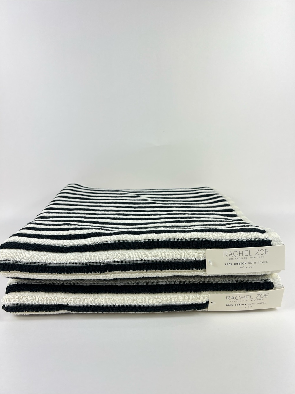 Rachel Zoe Bath Towels Black and Cream Striped Soft 100% Cotton 2 Pc NEW